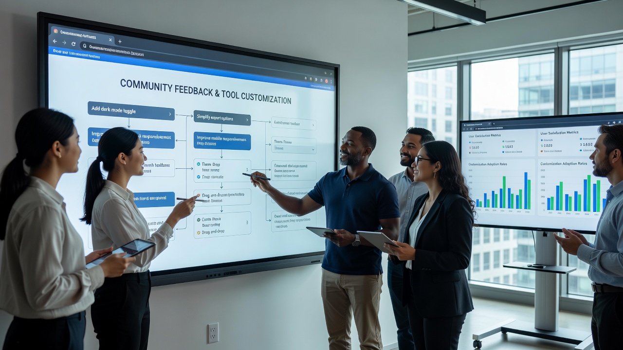 Digital workspace interface showing customized tool panels and community-voted feature implementations in a collaborative setting